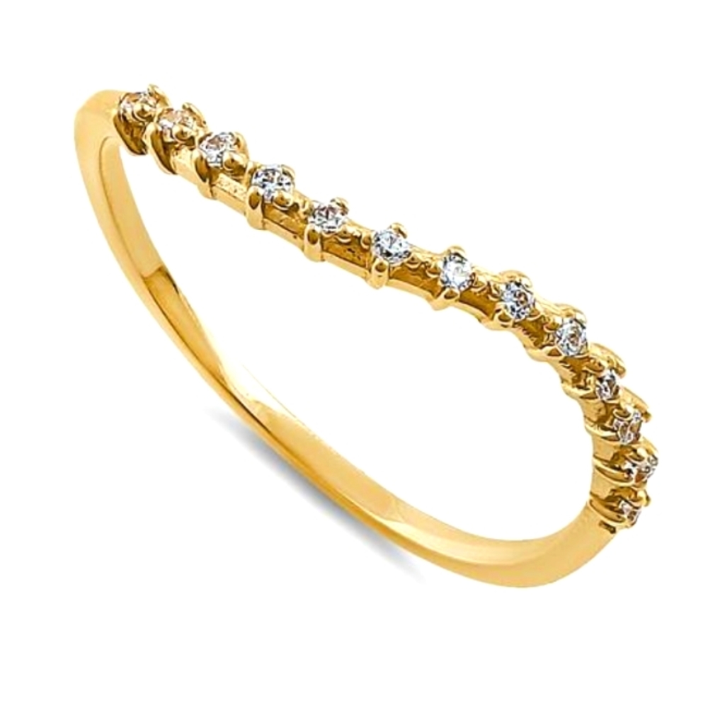 - Solid 14K Yellow Gold Wave Accent Round Clear CZ Ring